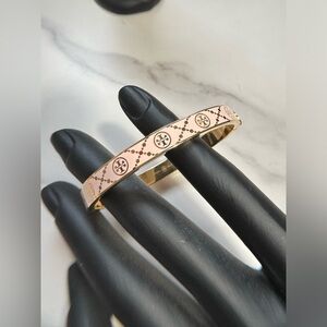 TORY BURCH Gold and Pink Icon T Monogram Hinge Bangle Enamel Bracelet